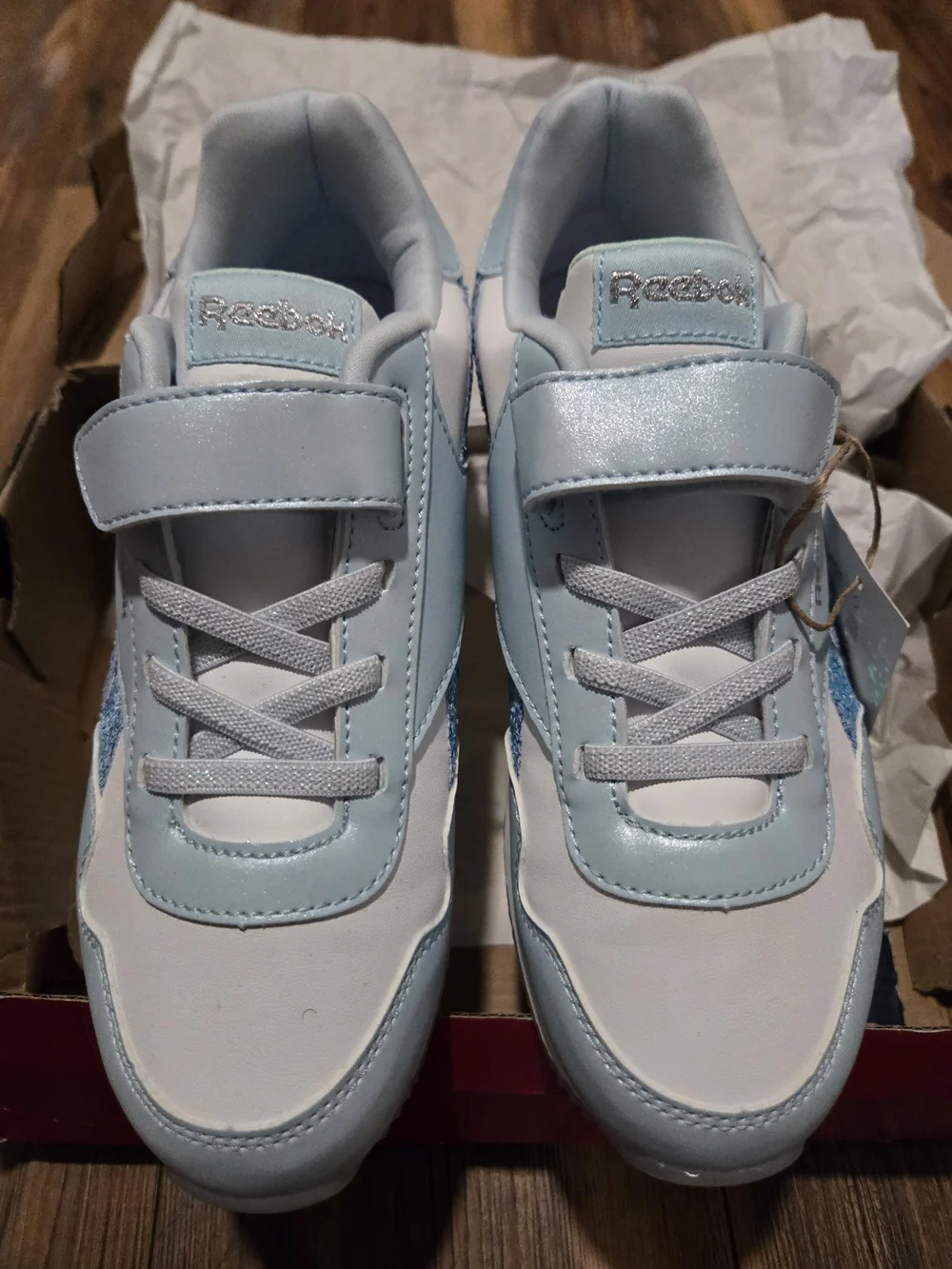 Reebok Kids Light Blue and White Sneakers with Blue Glitter Stripe